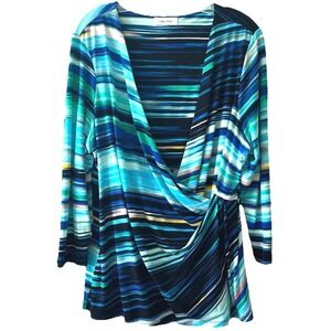 Calvin Klein Women's Faux Wrap Top XL Blue Green Stripe Pullover V-Neck Stretch